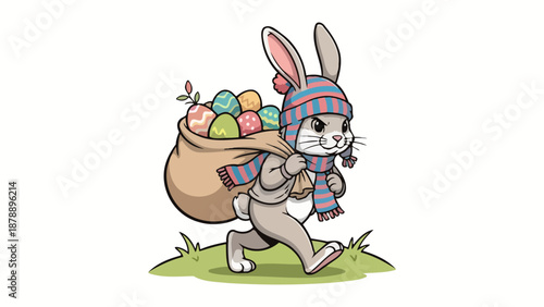 An adorable cartoon bunny wearing a striped hat and scarf, carrying a sack full of colorful Easter eggs.