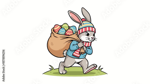 A cute cartoon Easter bunny wearing a hat and scarf, carrying a sack full of colorful eggs.