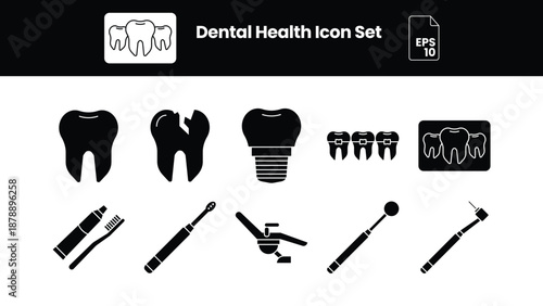 10 Set of dental care icon pictogram elements with editable outlines. Teeth, dentist, implants, etc. fill colour style.