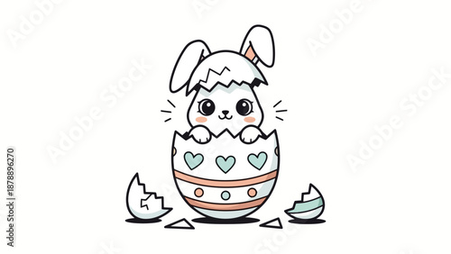 A cute cartoon bunny peeking out of a cracked Easter egg decorated with hearts and stripes.