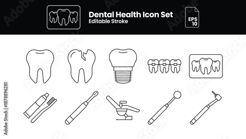 10 Set of dental care icon pictogram elements with editable outlines. Teeth, dentist, implants, etc. Editable stroke.