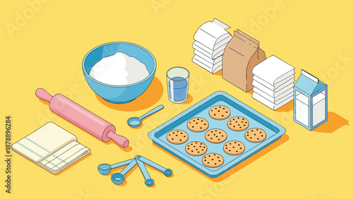Baking preparation scene features ingredients like flour and milk, rolling pin, measuring spoons, and cookies on a tray.