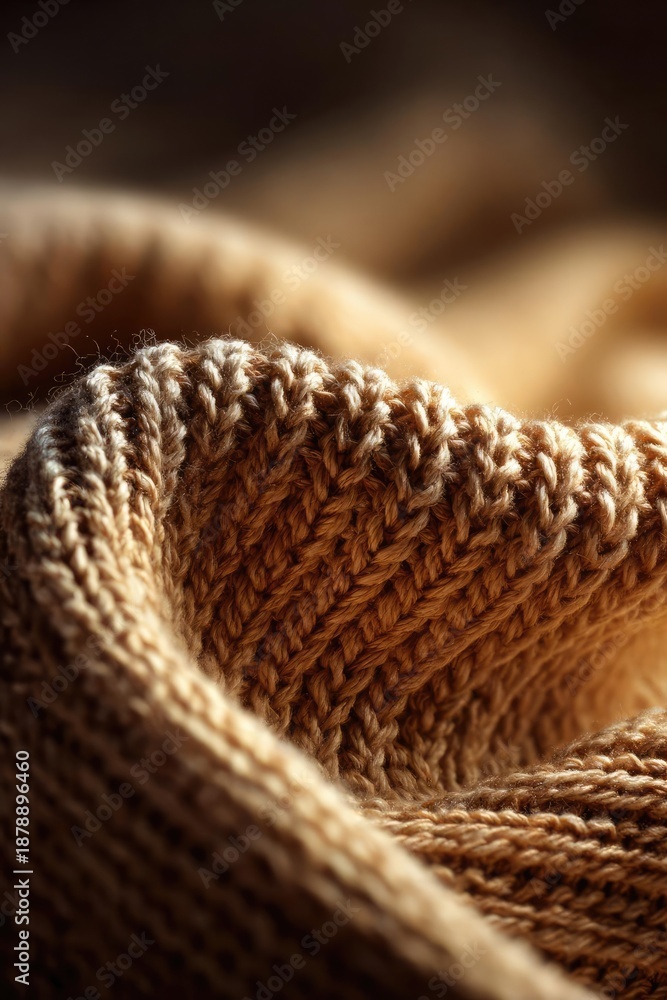 Obraz premium Close-up of a thick tan knitted fabric with chunky yarn and ribbed texture. Concept Thick tan knit close-up, Chunky yarn texture, Ribbed knit details, Neutral color palette, Cozy winter fabric