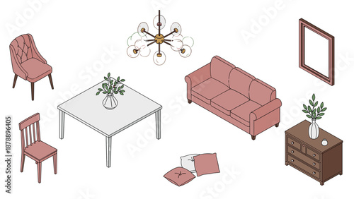 Stylish collection of living room furniture featuring a pink sofa and chairs with a modern table and elegant glass chandelier.