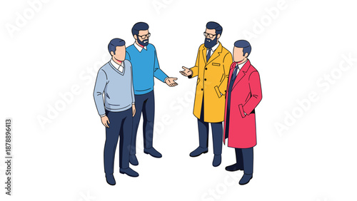 Group of four professional men in stylish winter coats and sweaters engaged in a serious discussion against a white backdrop.