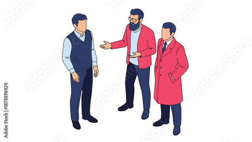 Three professional businessmen in smart casual attire having a discussion where one man explains something to the others.