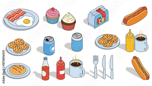 Variety of breakfast foods and snacks including eggs with bacon and sweet cupcakes alongside soda cans and fresh coffee.