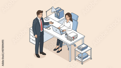 Business professional in a suit talking to a female colleague who is working diligently on a laptop at a white office desk.