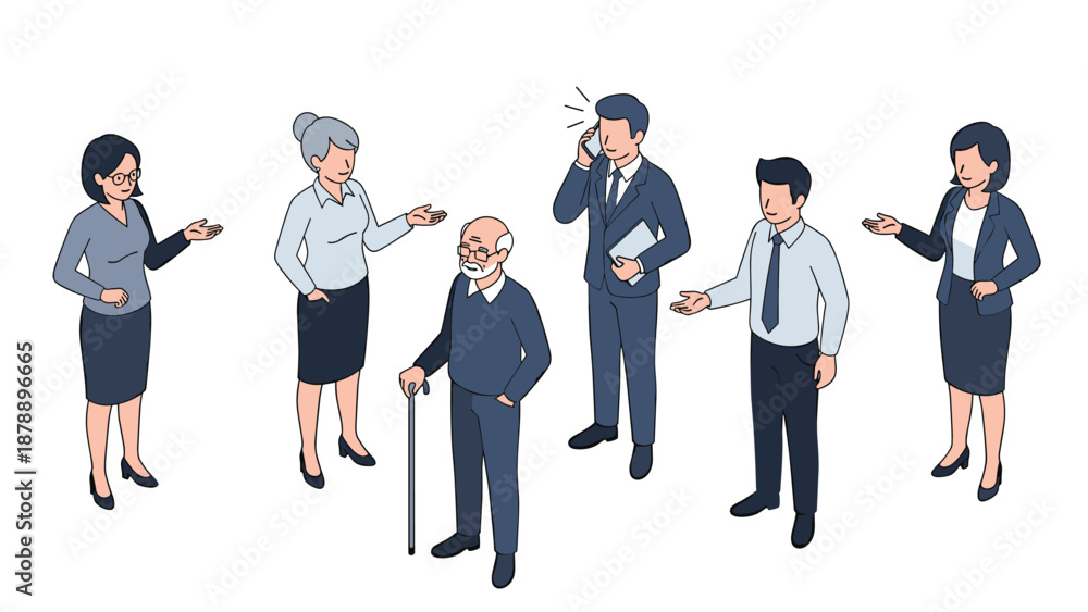 Obraz premium Group of diverse people including a senior man with a cane and business professionals standing together in a friendly circle.