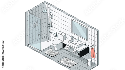 Clean and modern bathroom design featuring a glass shower stall and white sink with a large mirror and organized amenities.