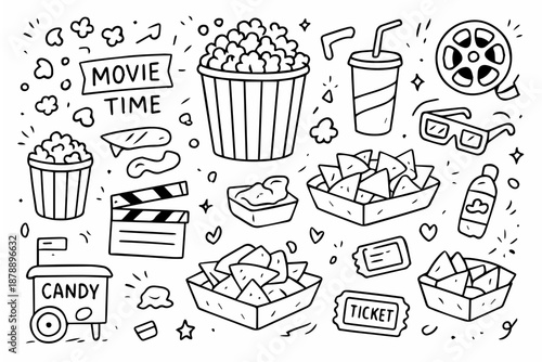 Cinema and Movie Night Hand Drawn Doodle Icons Set with Popcorn, Nachos, Clapperboard, and 3D Glasses on White Background