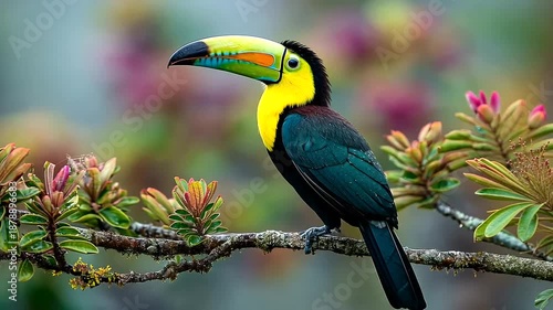 Colorful Toucan Perched on Branch Surrounded by Vibrant Green Leaves and Flowers in Tropical Environment