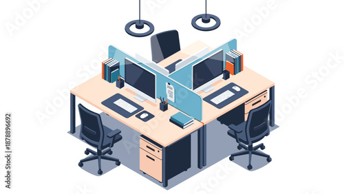 Modern office cubicle workspace featuring two computer monitors and ergonomic chairs separated by a blue glass partition.