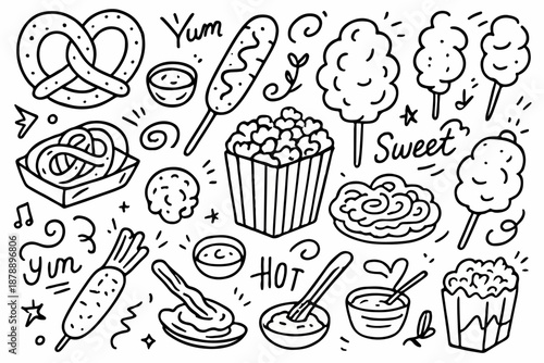 Hand-drawn doodle vector set of pretzels and fair-food illustrations in a fun style, isolated on white background
