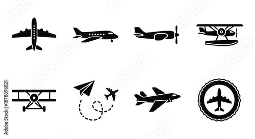 Collection of various black silhouette aircraft and airplane icons in a row