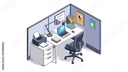 Efficient office workstation in a small cubicle featuring a laptop and printer with organized files and stylish wall art.