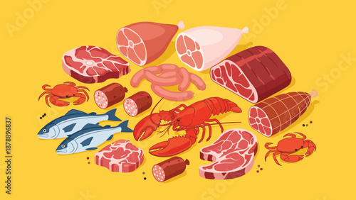 Vast assortment of fresh raw proteins featuring a whole lobster and fish with various cuts of beef and savory sausages.