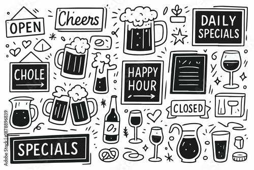 Hand-drawn doodle vector set of pub chalkboard doodles in a fun style, isolated on white background
