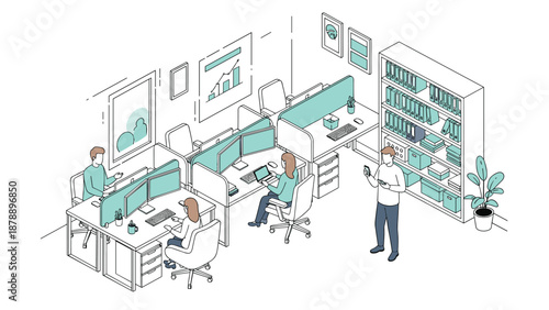 Modern office floor plan with multiple employees working at shared desks using computers in a productive corporate setting.