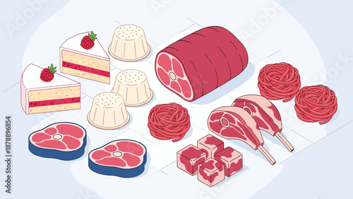 Eclectic food collection featuring sweet cake slices and white puddings alongside raw meat cuts and bundles of fresh pasta.