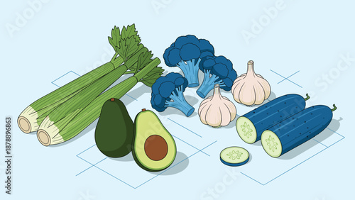 Nutritious green vegetable collection including fresh celery and broccoli with creamy avocado and crisp cucumber slices.