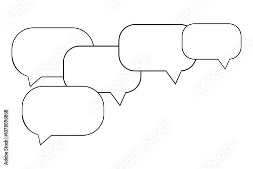 This simple, high-key image displays a cluster of five empty speech bubbles in black outline on a white background. The bubbles, featuring rounded corners and pointed tails, vary in size and overlap 