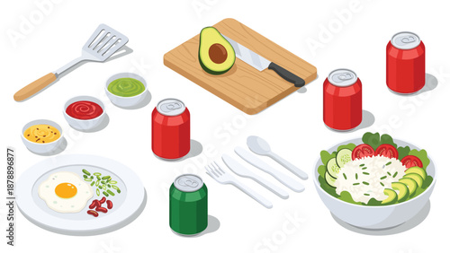 Assortment of food and kitchen items including a fresh salad and fried eggs with soda cans and an avocado on a board.