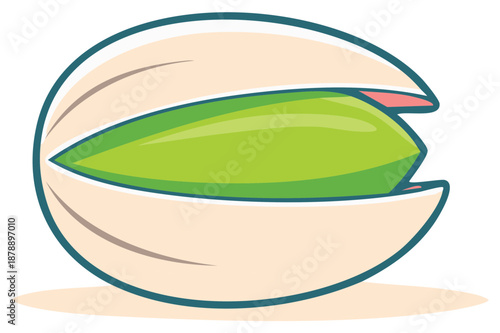 Open pistachio nut with green kernel illustration. Healthy snack, food concept.