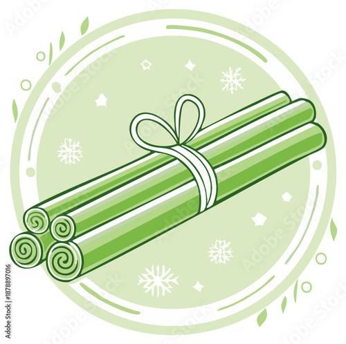 Fresh Green Lemongrass Stalks Tied With White Ribbon In Circular Frame