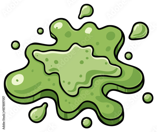 Cartoon green slime splash, splatters, and droplets isolated on a white background.