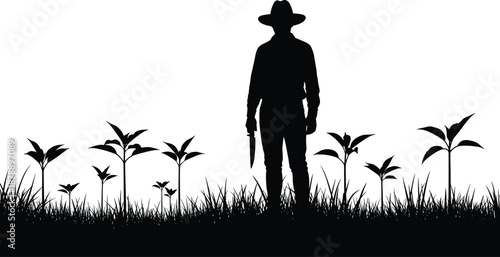 Vector illustration of a lone farmer silhouette wearing a hat, holding a knife, standing in a field of young plants and grass, on white background