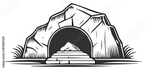 Cave entrance illustration in a retro style. Stone archway with steps