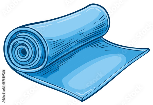Blue yoga mat rolled up and partially unrolled with a sketched style