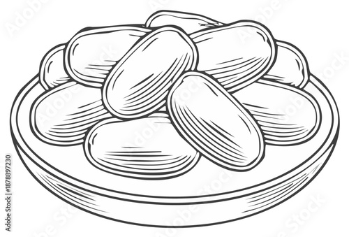 Ripe Oval Dates Piled in a Simple Bowl Black and White Sketch