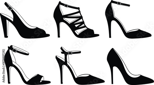 Vector Illustration of Elegant High Heel Women's Shoes Collection in Black Silhouette Style, Isolated on White Background for Fashion Design