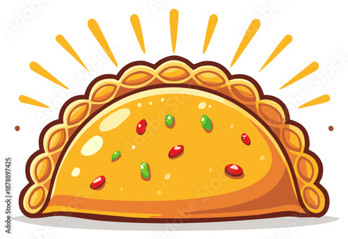 Vibrant golden cartoon pastry illustration with decorative crimped edge and festive sprinkles glowing