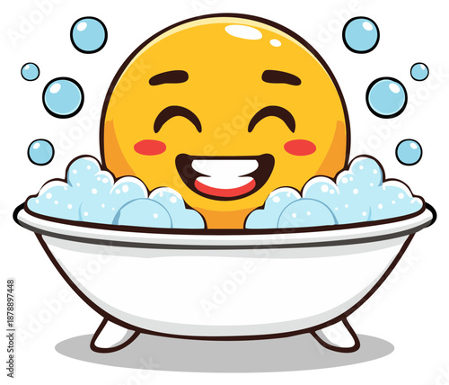 Happy Emoji Character Enjoying a Bubble Bath in a Bathtub
