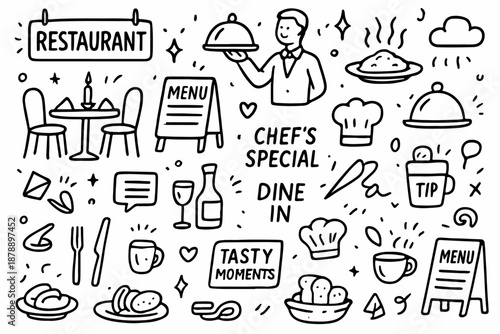 Hand-drawn doodle vector set of restaurant and dining icons, created in a fun, sketchy ink-pen style, isolated on white background
