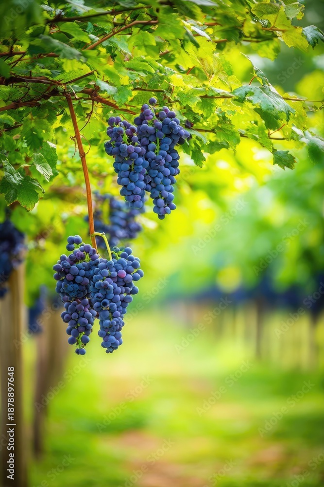 Fototapeta premium A vineyard with bunches of blue-purple grapes hanging from grapevines. Concept Vineyard Landscape, Blue-Purple Grapes, Grapevine Rows in Sunlight, Harvest Atmosphere, Winery Photo Aesthetic