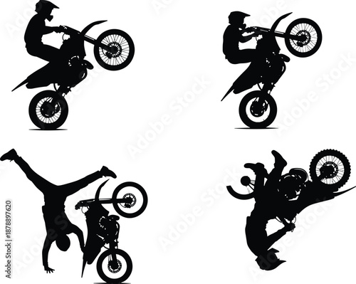 Vector silhouettes of freestyle motocross riders performing dangerous stunts and tricks including wheelies and a backflip on dirt bikes for extreme sports illustration and design use, isolated on 
