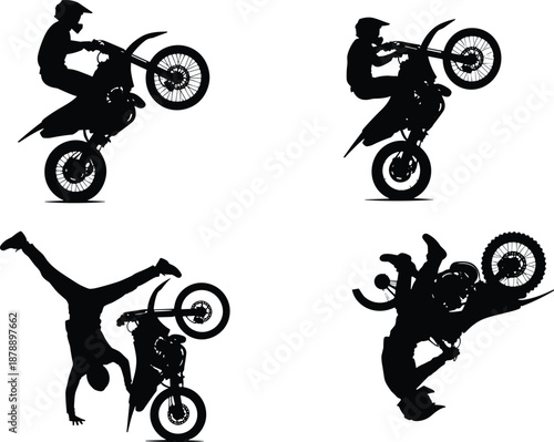 Vector silhouettes of freestyle motocross riders performing dangerous stunts and tricks including wheelies and a backflip on dirt bikes for extreme sports illustration and design use.