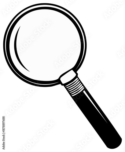 Illustration of a black and white magnifying glass, examination tool, search and find concept