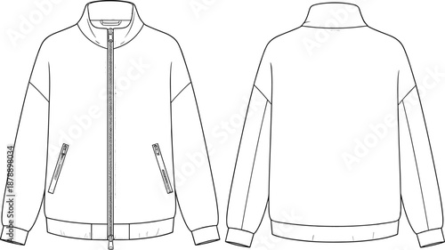Vector technical fashion sketch of a unisex oversized bomber jacket with drop shoulders, zip pockets, ribbed trim, and funnel neck.