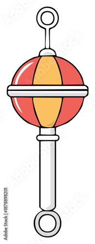 Colorful red and yellow striped baby rattle toy illustration for infants and nursery designs