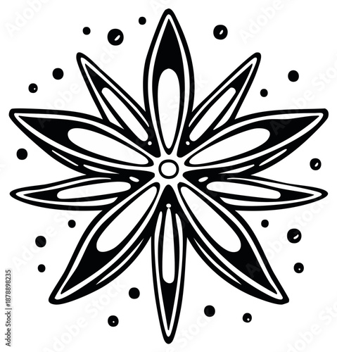 Hand-drawn Star Anise Illustration with Spots. Simple Black and White Design for Christmas Decor, Culinary, Spices, and Floral Elements.