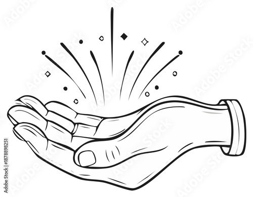 Open Hand Emitting Sparkles and Light Rays Black and White Illustration