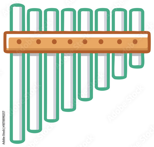 Illustration of a simple pan flute musical instrument with wooden pipe holder and white pipes