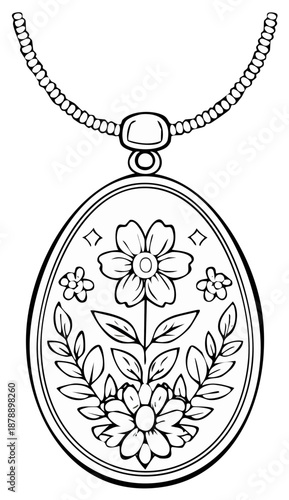 Outline drawing of a floral pendant on a beaded necklace