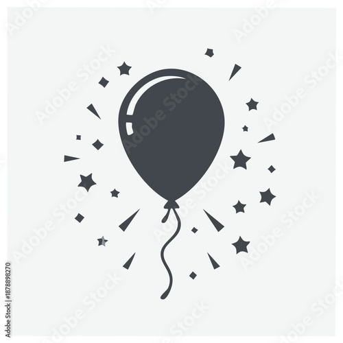 Single dark gray balloon with a string surrounded by scattered stars and confetti bursts on a light background