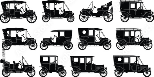 Vintage early automobile silhouettes collection, classic antique cars side view vector illustration set for transportation history design retro old timers isolated black icons
